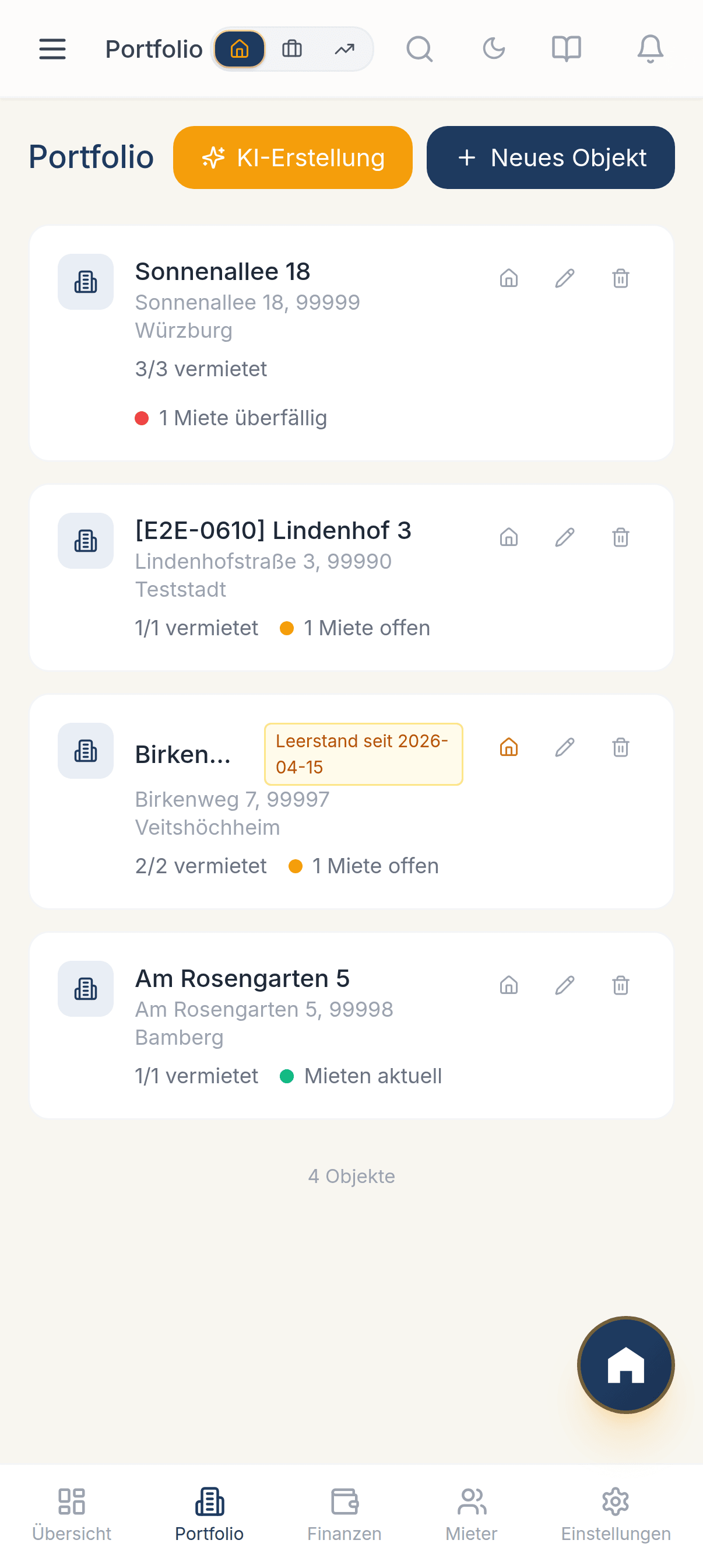 Vecura-App: Objektliste mit Belegung und offenen Mieten