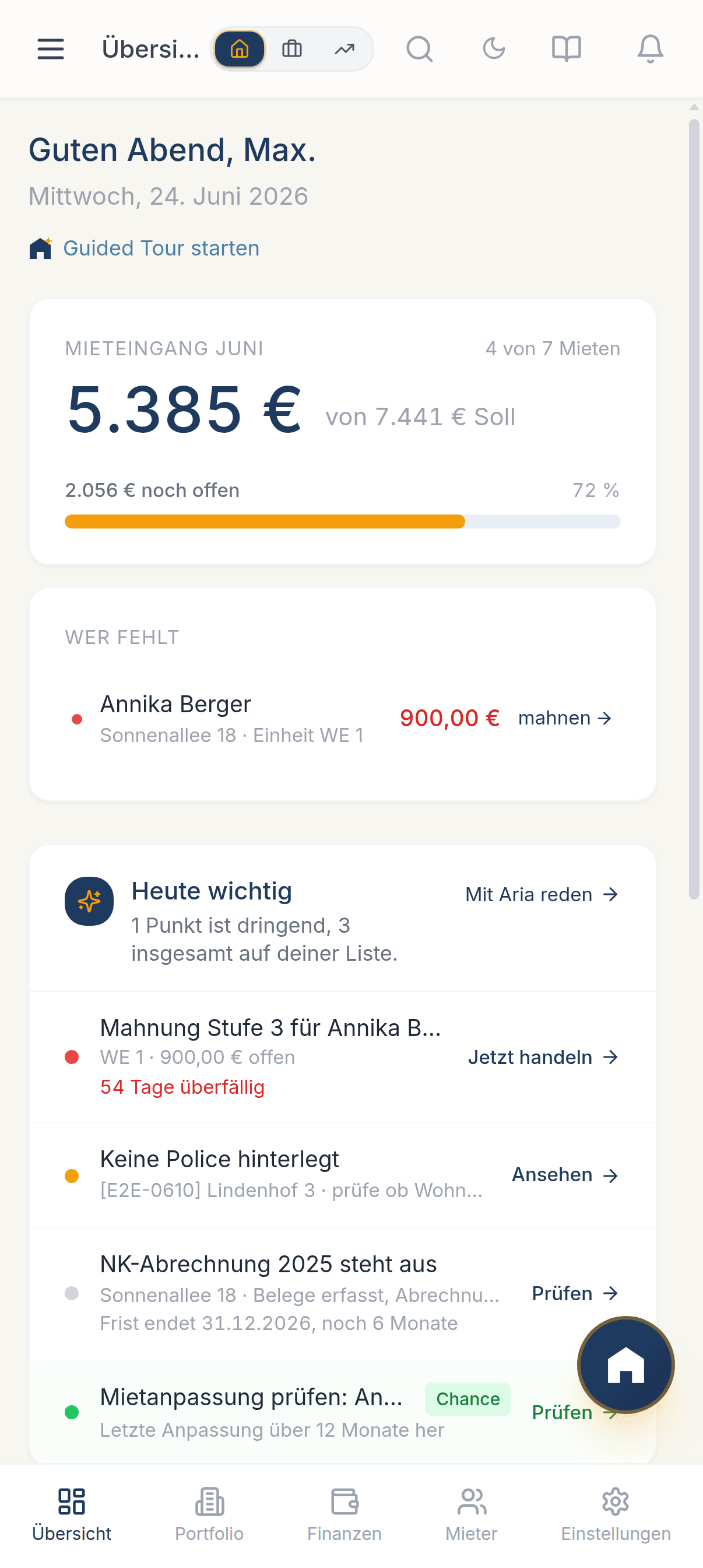 Vecura-App: Übersicht mit Portfolio-Kennzahlen und letzter Aktivität