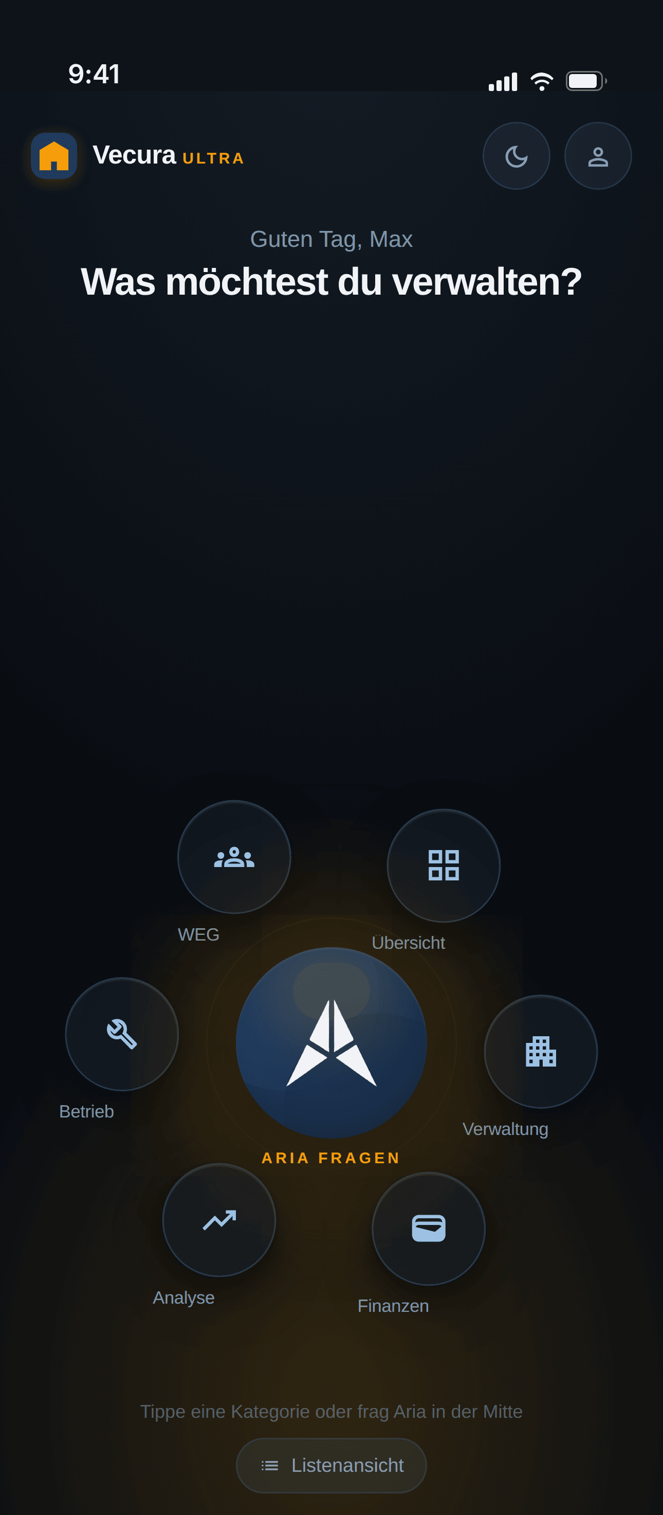 Aria-Ultra-App, Orbit-Startbildschirm im dunklen Modus