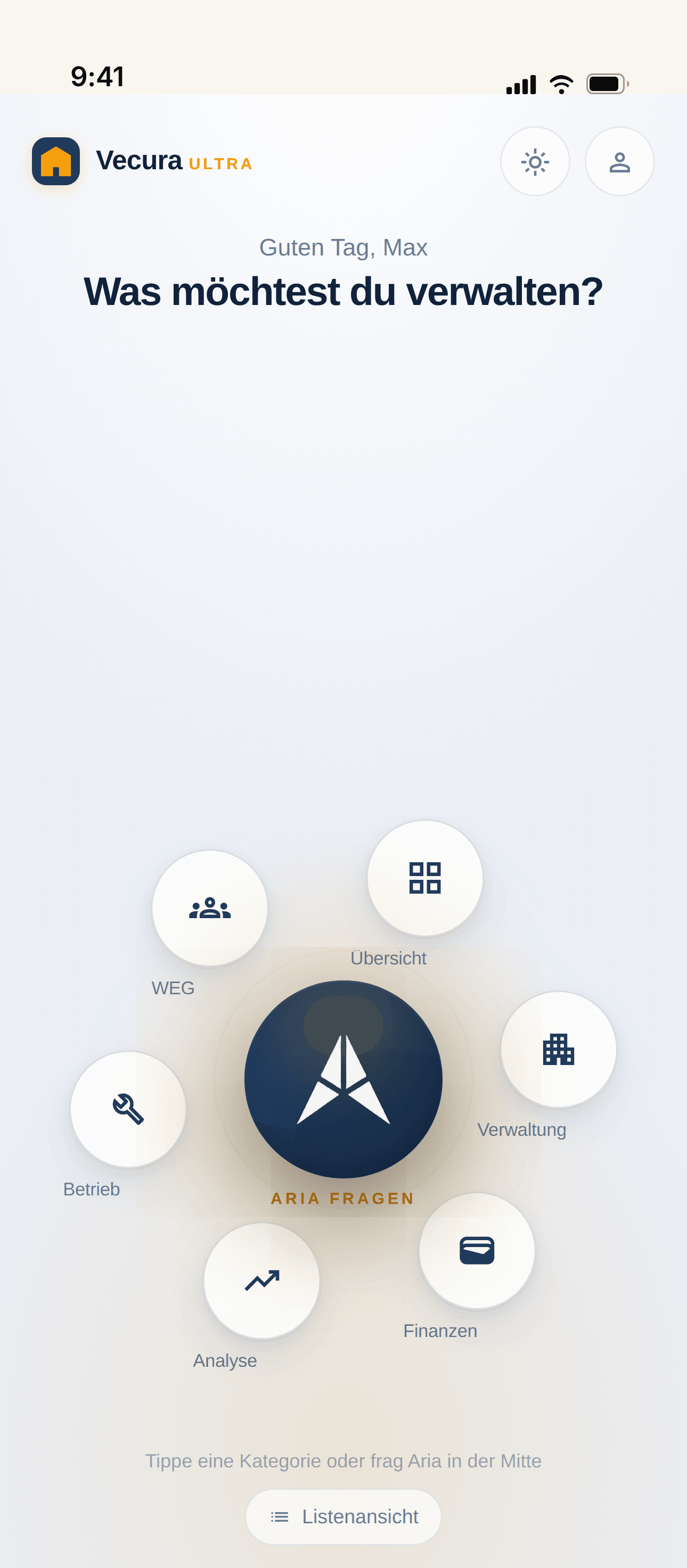 Aria-Ultra-App, Orbit-Startbildschirm im hellen Modus