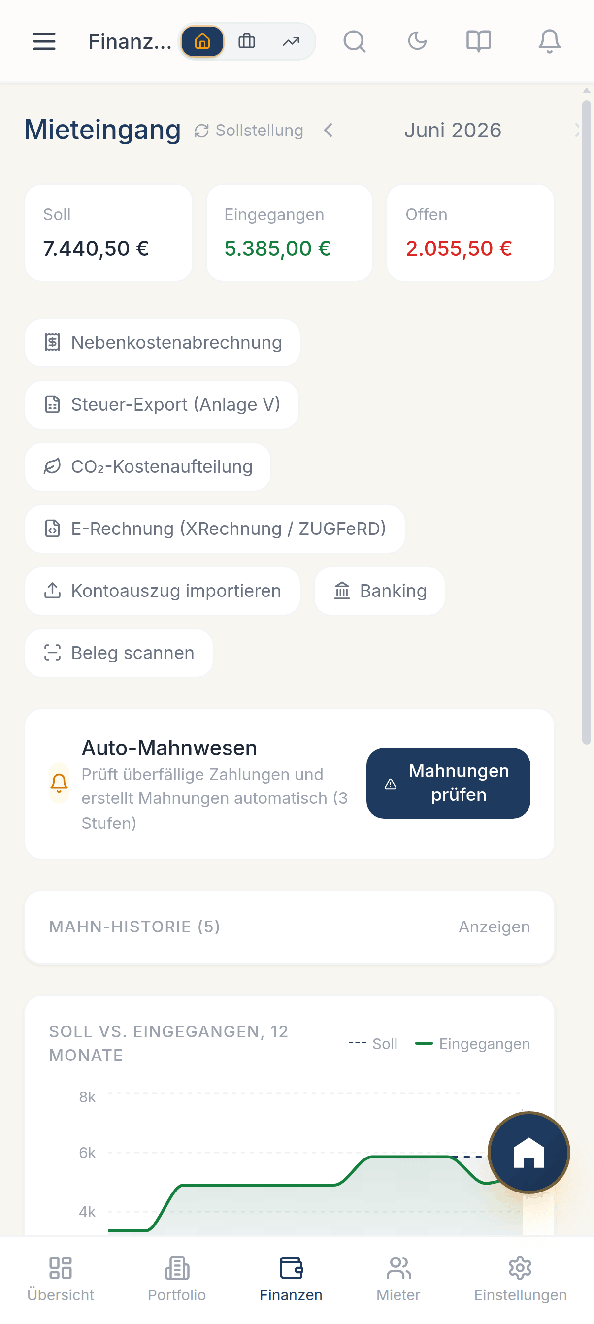 Vecura-App: Mieteingänge nach Monat mit Offen- und Bezahlt-Status
