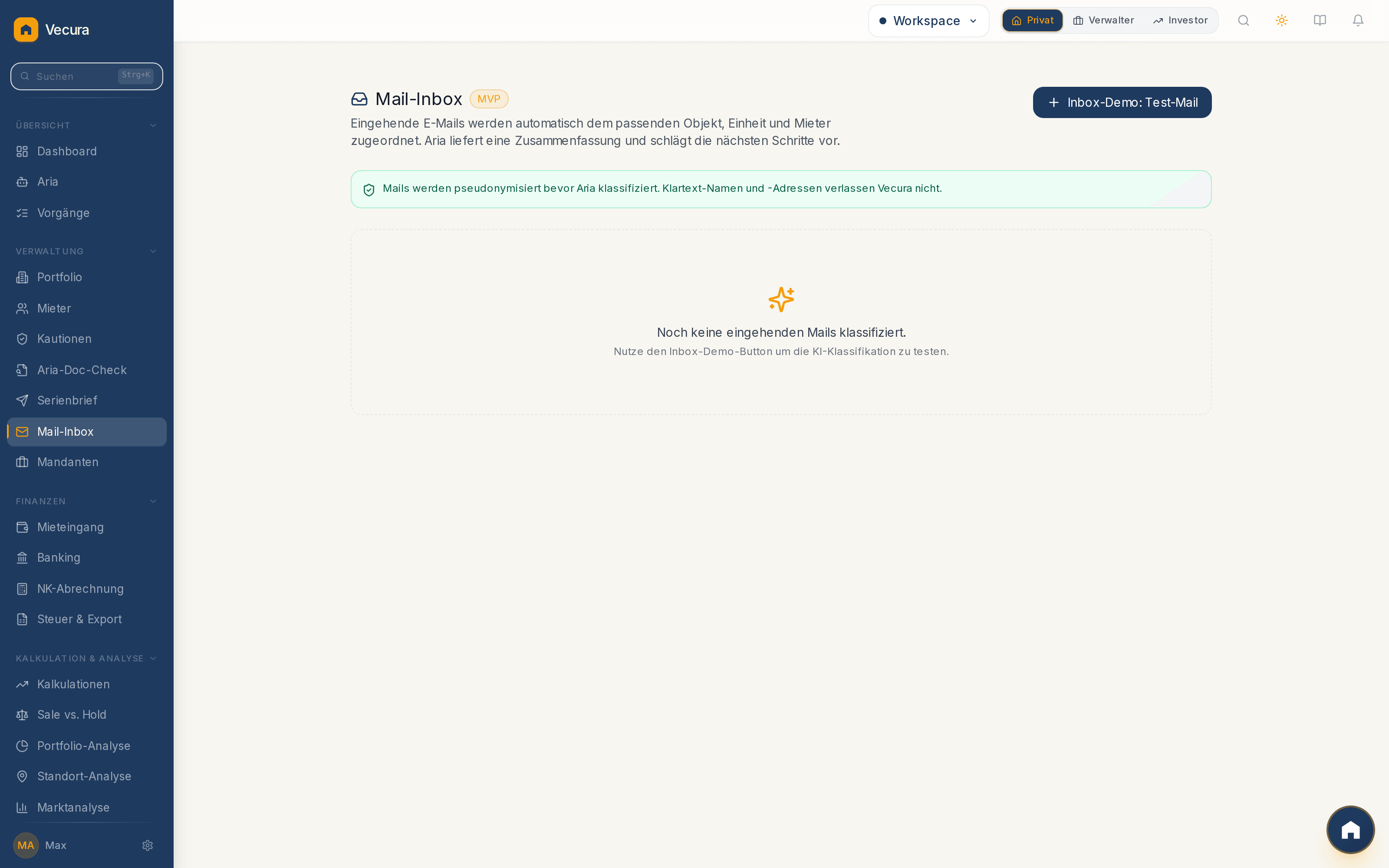 Vecura Mail-Inbox, Empty-State mit Demo-Trigger