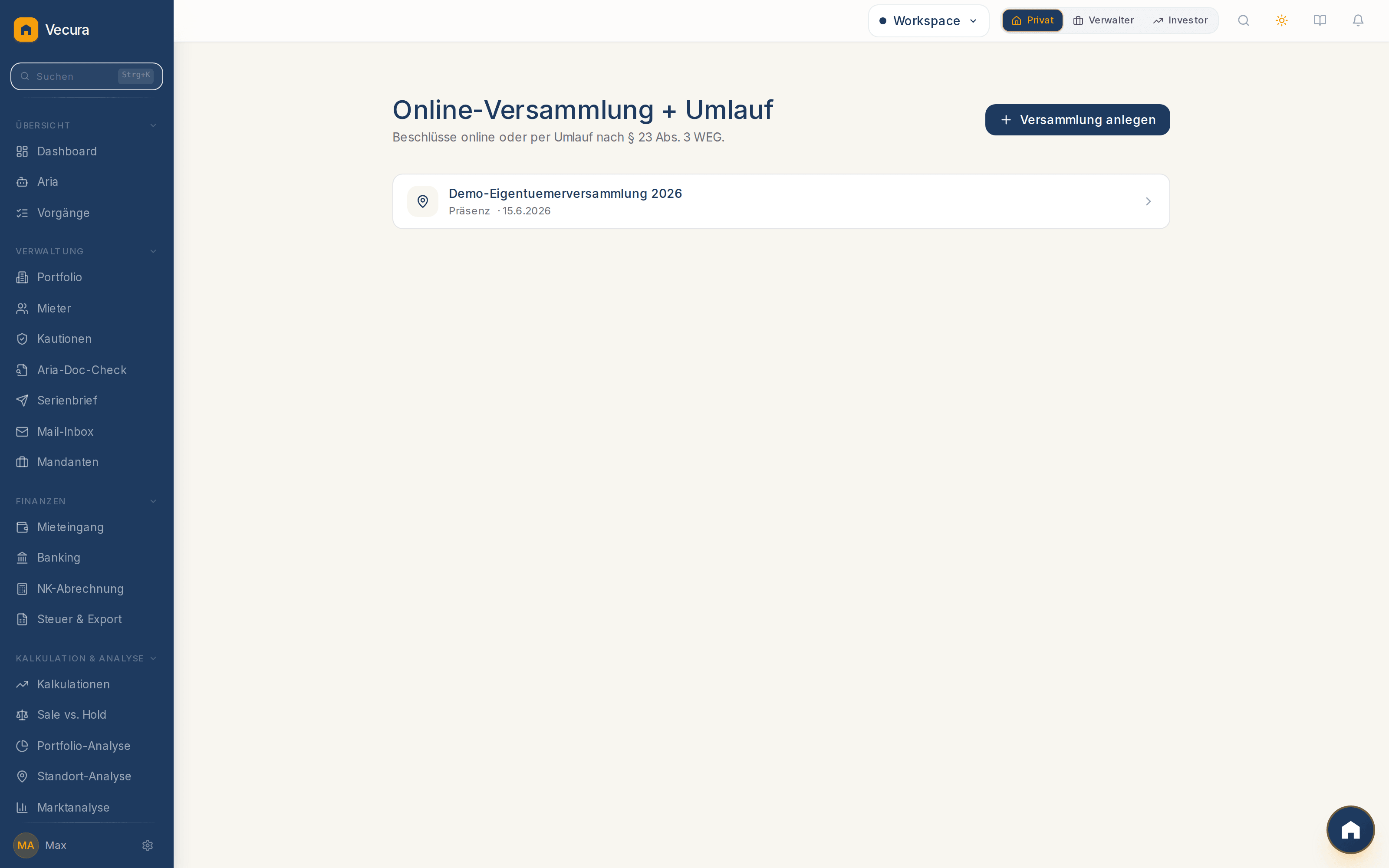 Vecura WEG-Online-Versammlung, leere Versammlungsliste